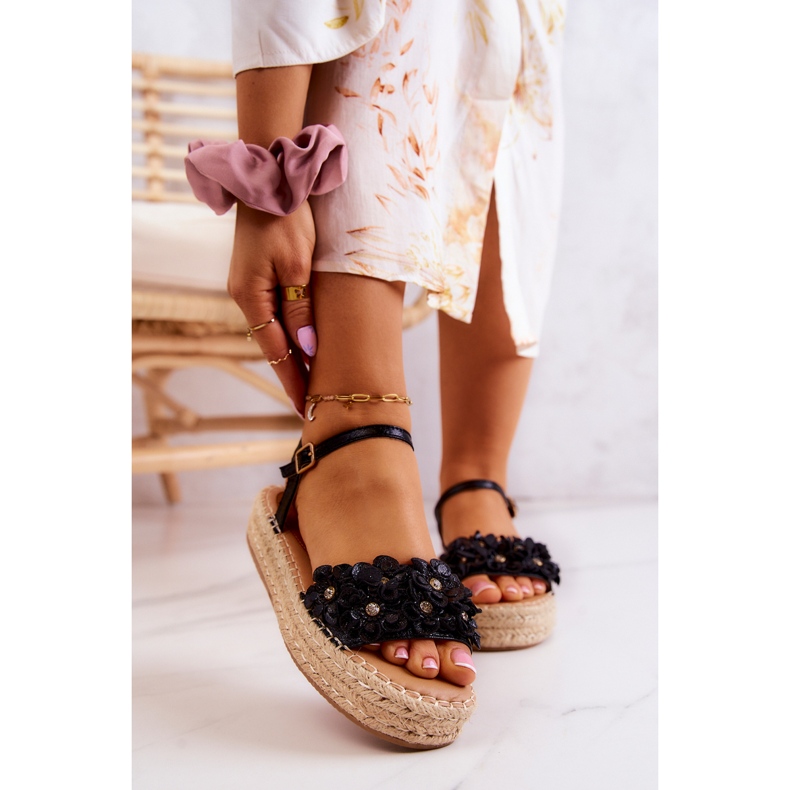 FW1 Women's Sandals Espadrilles With Flowers Black Marlon 1
