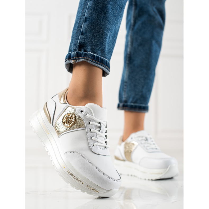 Filippo Fashionable Leather Sneakers white golden 1