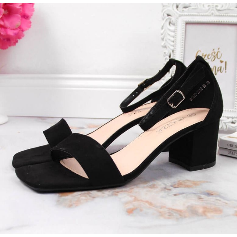 Black sandals on the Vinceza W JAN107A post 2