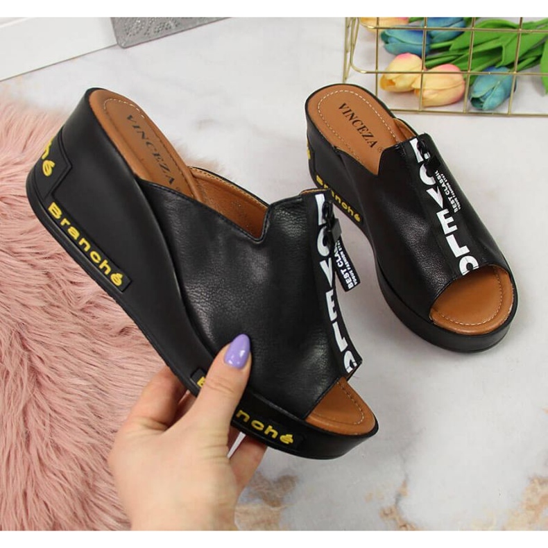 Black wedge slippers with inscriptions Vinceza W JAN109 1
