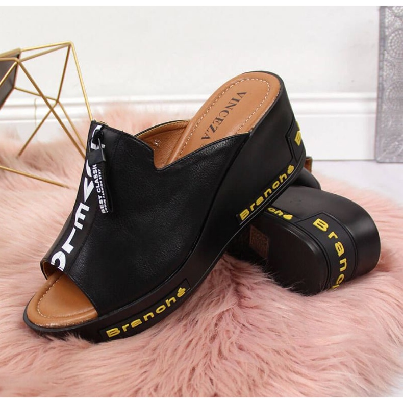 Black wedge slippers with inscriptions Vinceza W JAN109 2