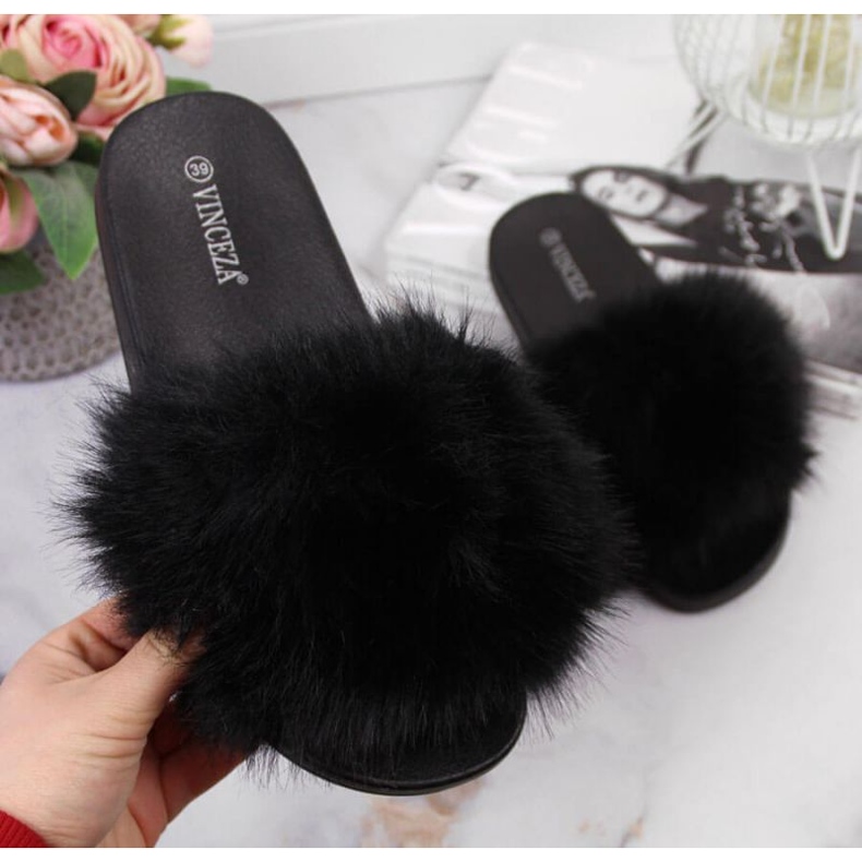 Black Vinceza W JAN97A fur slippers 1