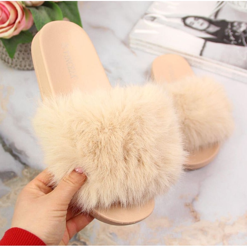 Vinceza W JAN97B beige furry slippers 1