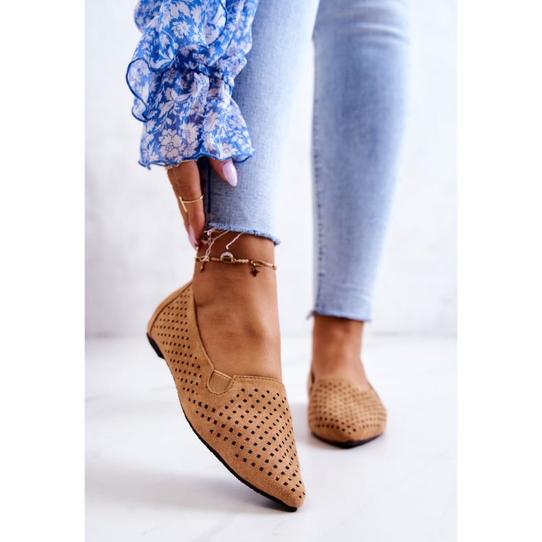 LU BOO Women's openwork ballerinas Slip-on Camel Rosario brown 1