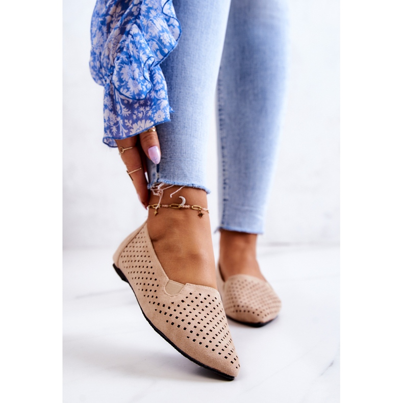 LU BOO Women's Openwork Ballerinas Slip-on Beige Rosario 1