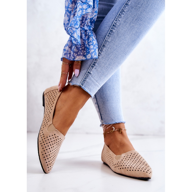 LU BOO Women's Openwork Ballerinas Slip-on Beige Rosario 2