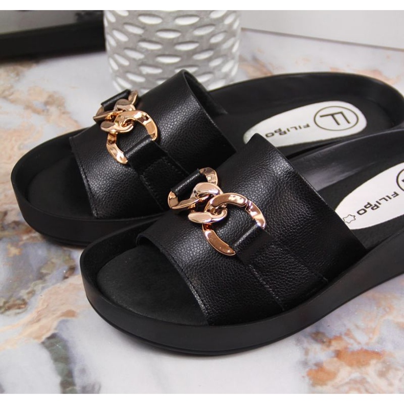 Leather slippers with chain Filippo W PAW345A black 2