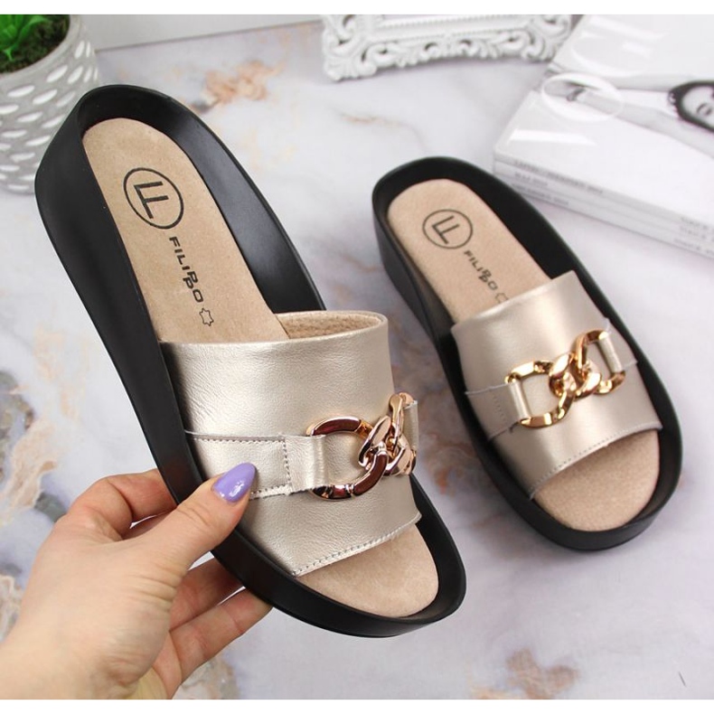 Leather slippers with a chain Filippo W PAW345B golden 1