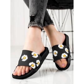 TRENDI Black Slippers With Daisies 1 TRENDI Black Slippers With Daisies 1