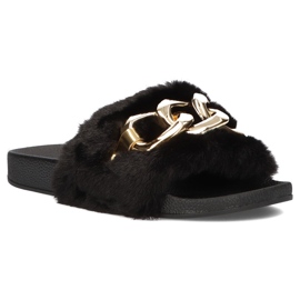 Filippo Black slippers with fur, gold chain QT300 1