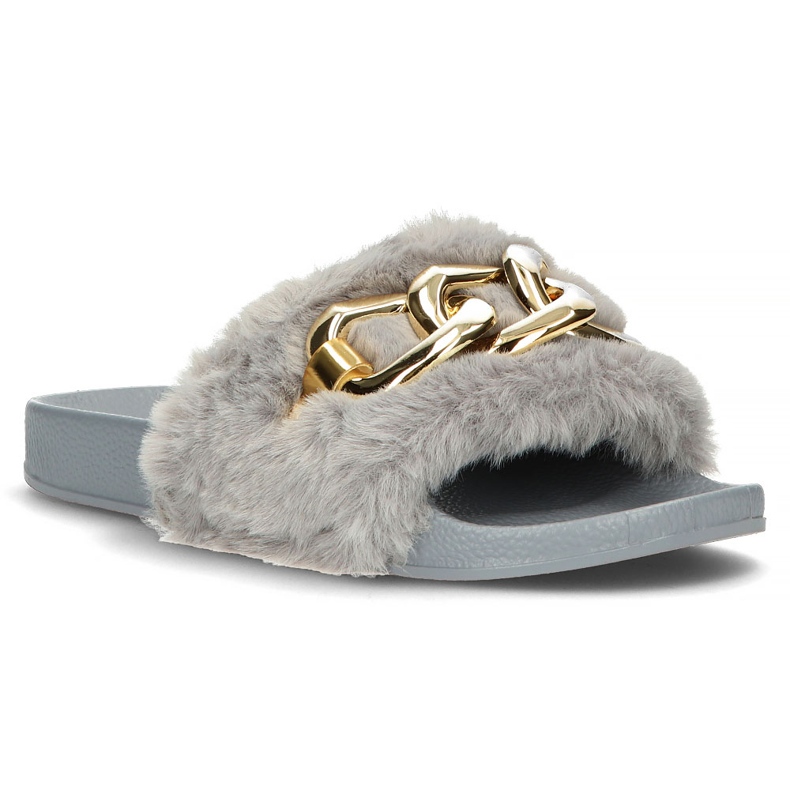 Filippo Slippers with fur, gold chain, gray QT300 grey 1