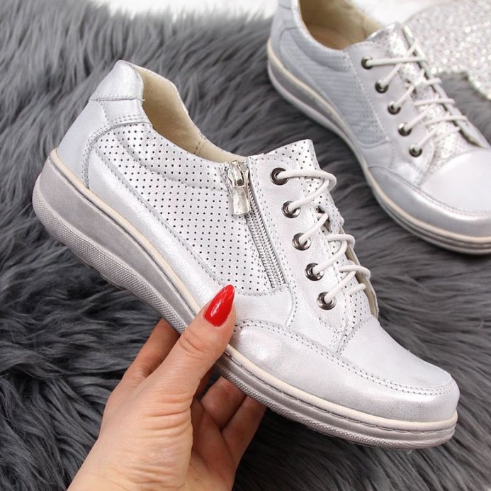 Leather shoes with zipper, silver Helios W H357C 1