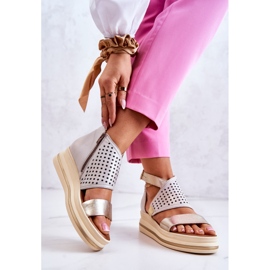 Leather Wedge Sandals Maciejka 05356-25 Beige and Gold golden 2