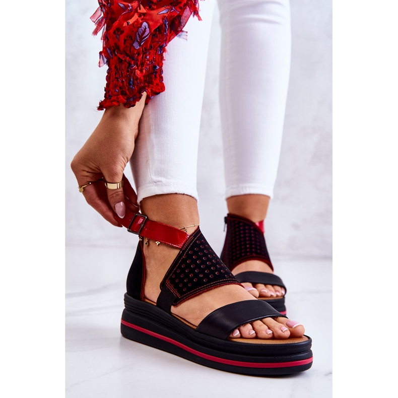 Leather Wedge Sandals Maciejka 05356-01 Black and Red 2