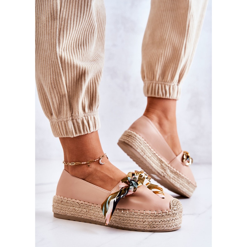 PS1 Women's Leather Espadrilles With Beige Fancy Chain pink 2