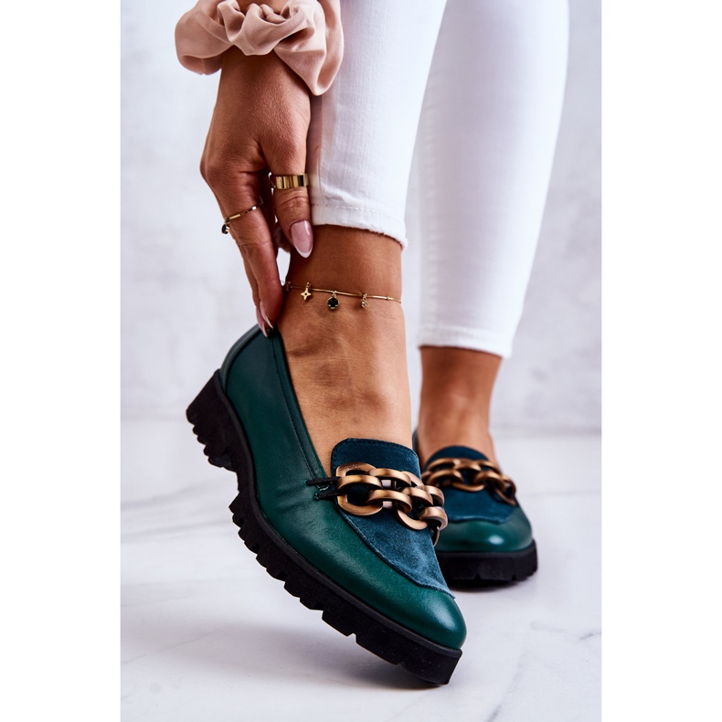 PA2 Elegant Leather Loafers With Green Geneva Chain 1