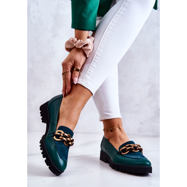 PA2 Elegant Leather Loafers With Green Geneva Chain 2