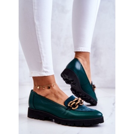 PA2 Elegant Leather Loafers With Green Geneva Chain 4