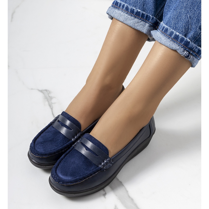 Navy blue loafers on the Dinsmore wedge 1