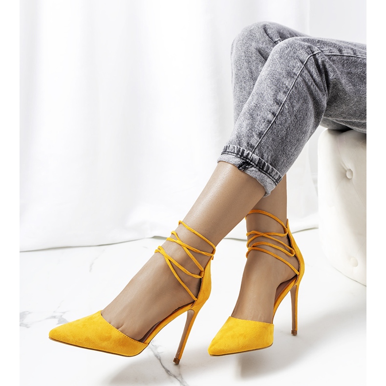 Yellow high heels with Glover straps orange 1