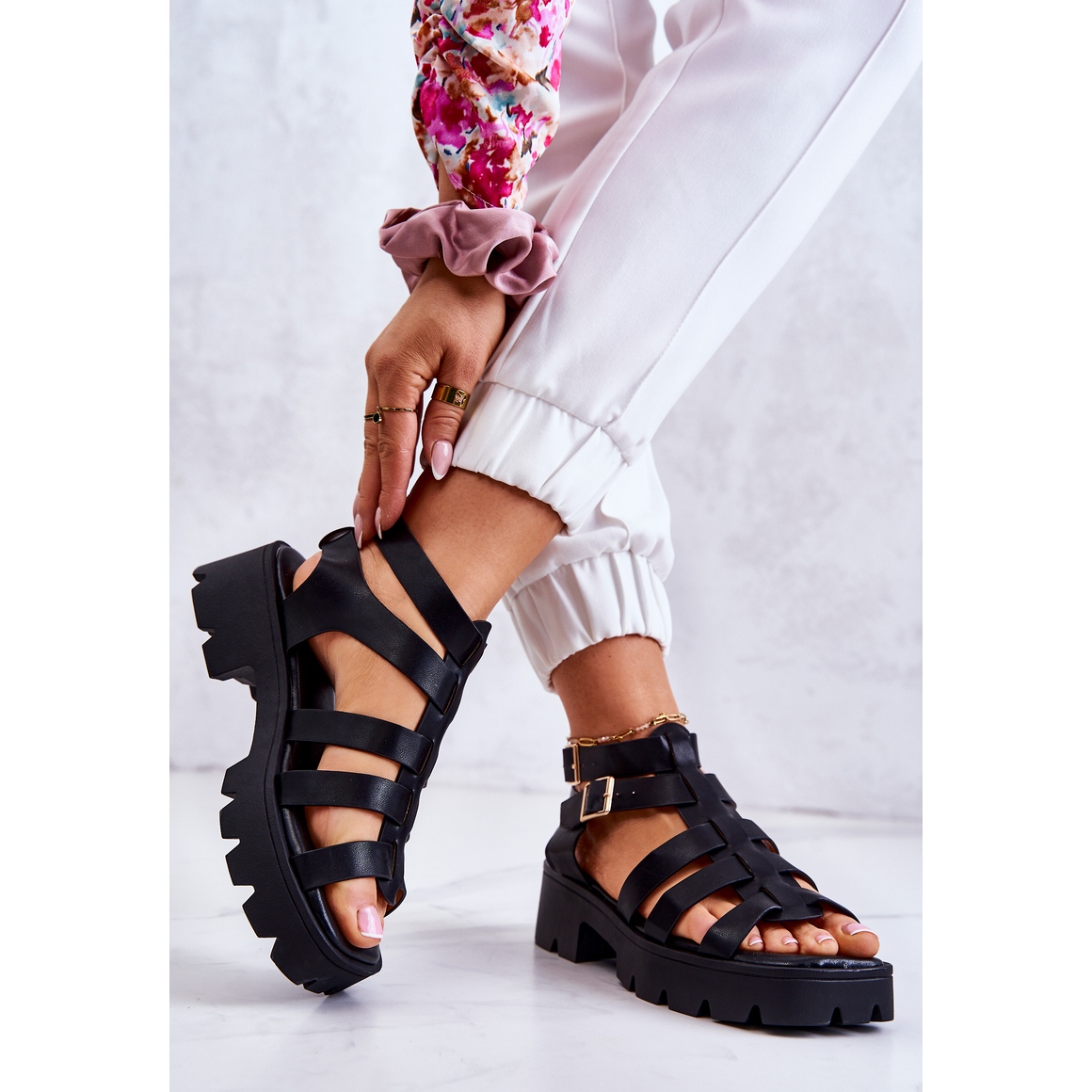 PS1 Leather Sandals Straps Black Minorite - KeeShoes