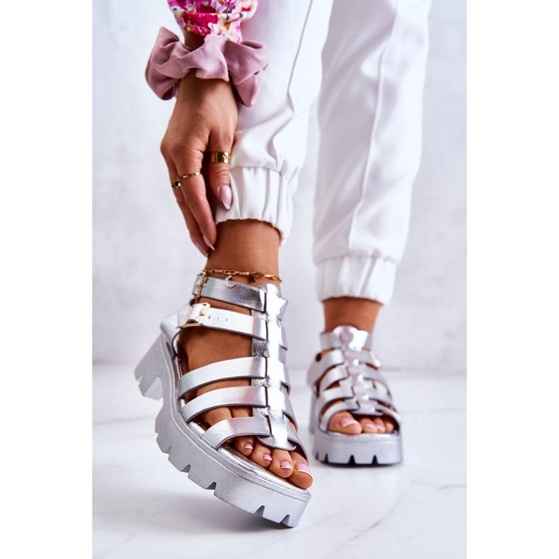 PS1 Leather Sandals With Strips Silver Minorite 1