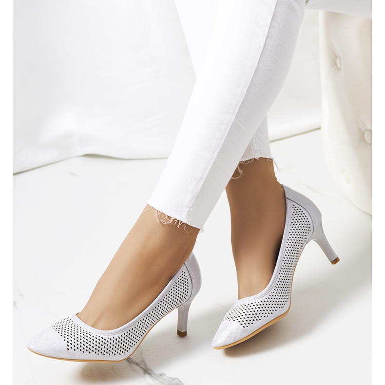 Gray openwork pumps on a Carling heel silver grey 1