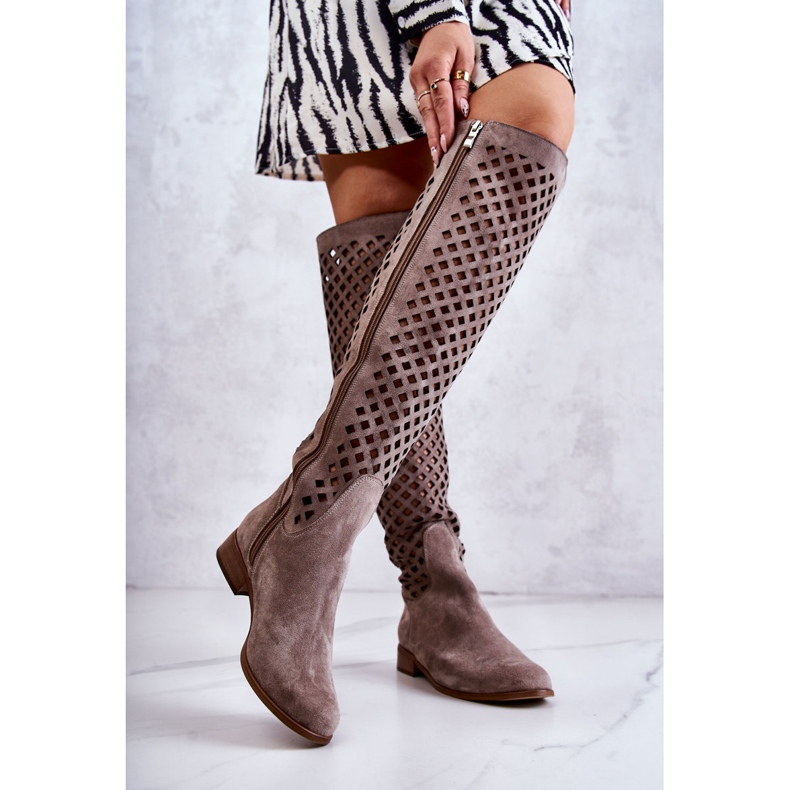 PA2 Dark beige Arinna suede boots with an openwork pattern brown 1