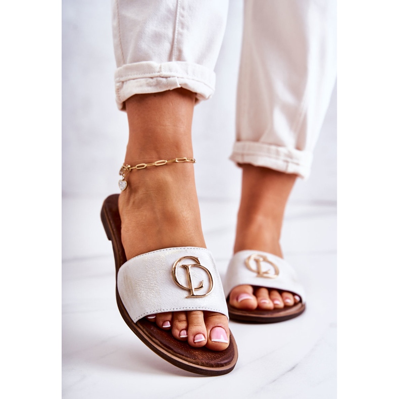 Leather Women's Slippers Nicole 2735 White and Gold 1 Leather Women's Slippers Nicole 2735 White and Gold 1