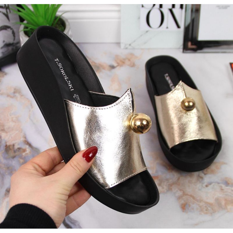 Leather slippers with a decorative ball T. Sokolski W SCA165B golden 1