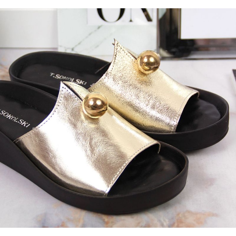 Leather slippers with a decorative ball T. Sokolski W SCA165B golden 2