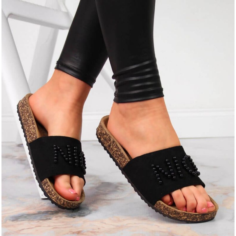 Slippers with pearls eVento W EVE356A black 2