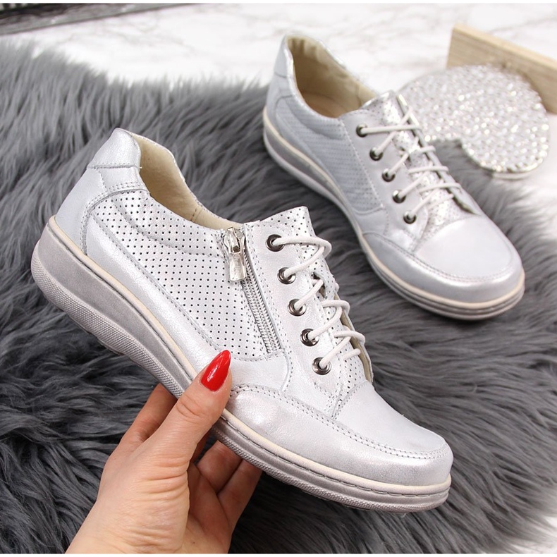 Leather women's shoes with a zipper, silver Helios 357 2