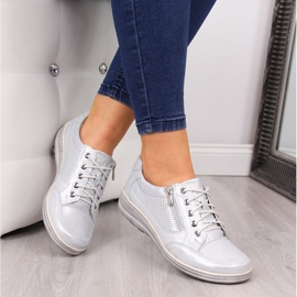 Leather women's shoes with a zipper, silver Helios 357 1