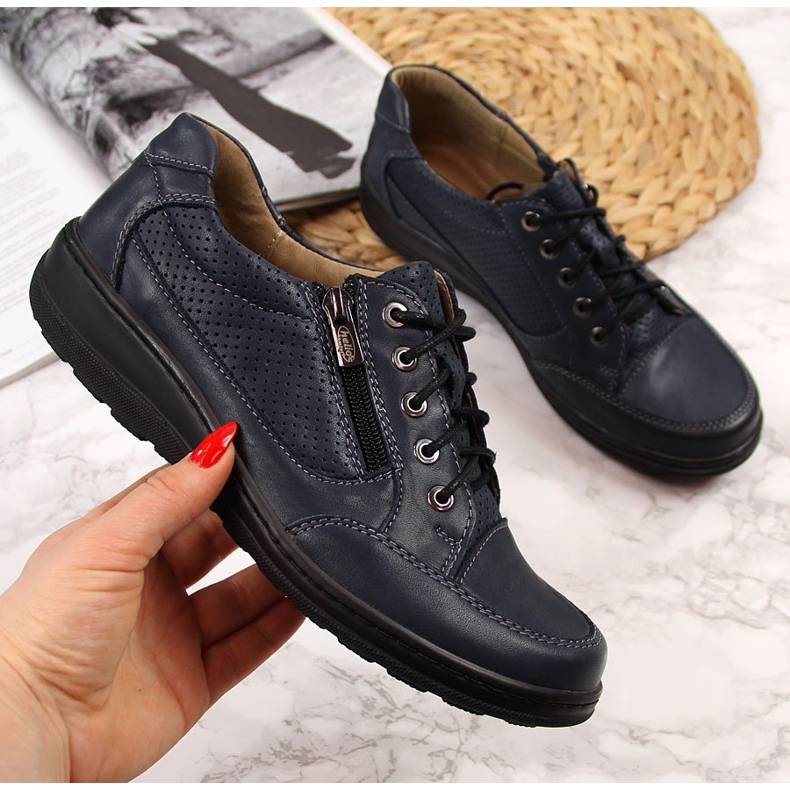 Leather women's shoes with zipper navy blue Helios 357 2