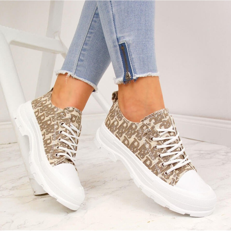 Women's beige sneakers on the platform with inscriptions Sabatina 1