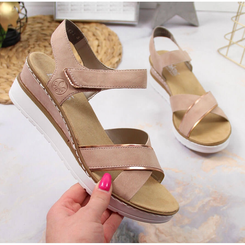 Women's wedge sandals powder pink Rieker V38G9-31 1 Women's wedge sandals powder pink Rieker V38G9-31 1