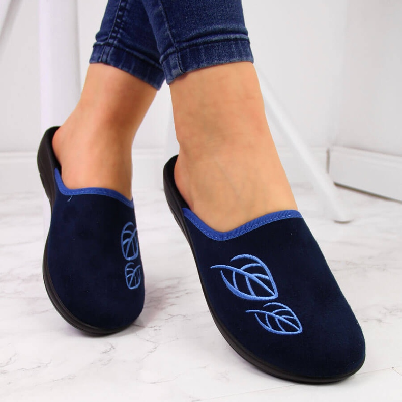 Women's home navy blue slippers with Befado leaves 1