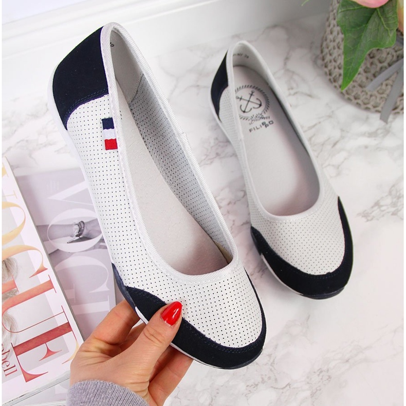 Women's openwork white and navy blue Filippo ballerinas 2