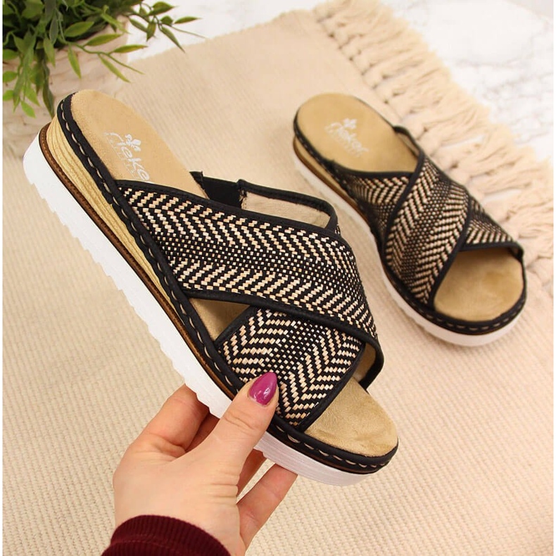 Black women's slippers on a wedge heel Rieker 679A5 beige brown 1
