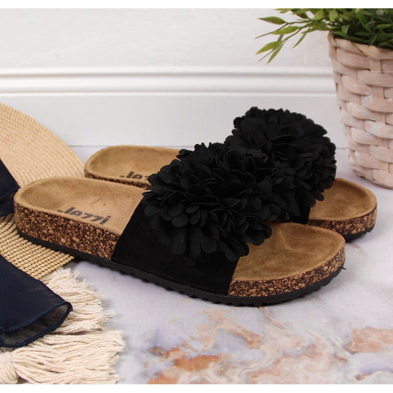 Women's black slippers with a flower Jezzi 1