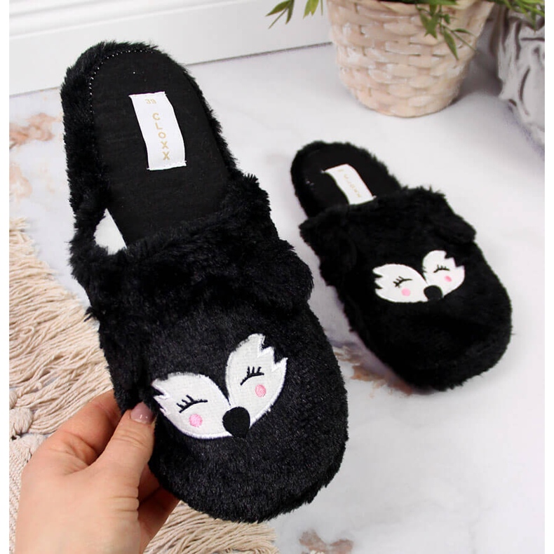 Black Cloxx fur women's slippers with ears 2