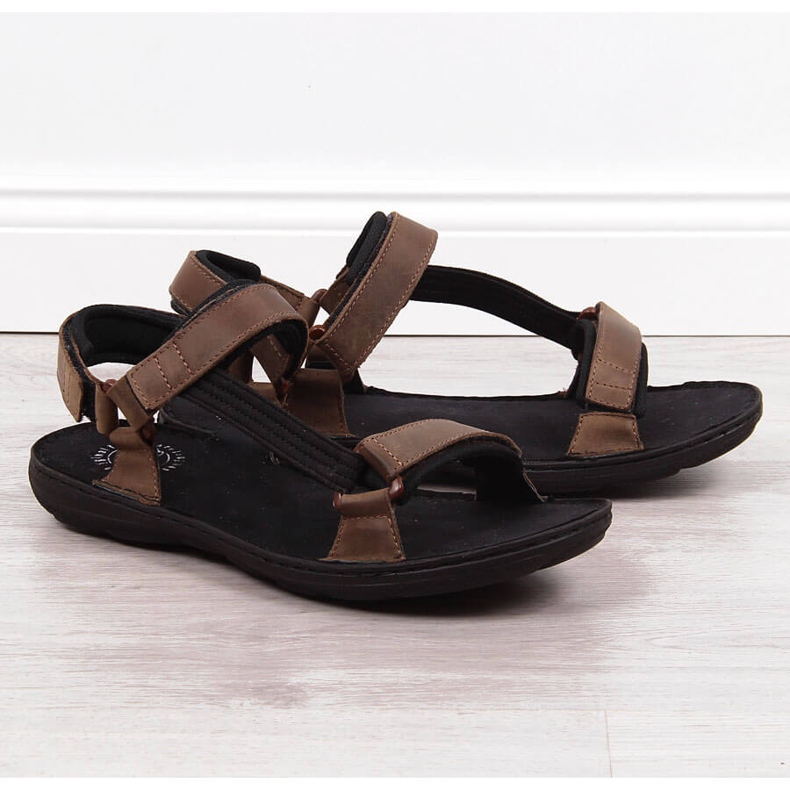 Leather men's sandals with velcro brown Łukbut 990 1