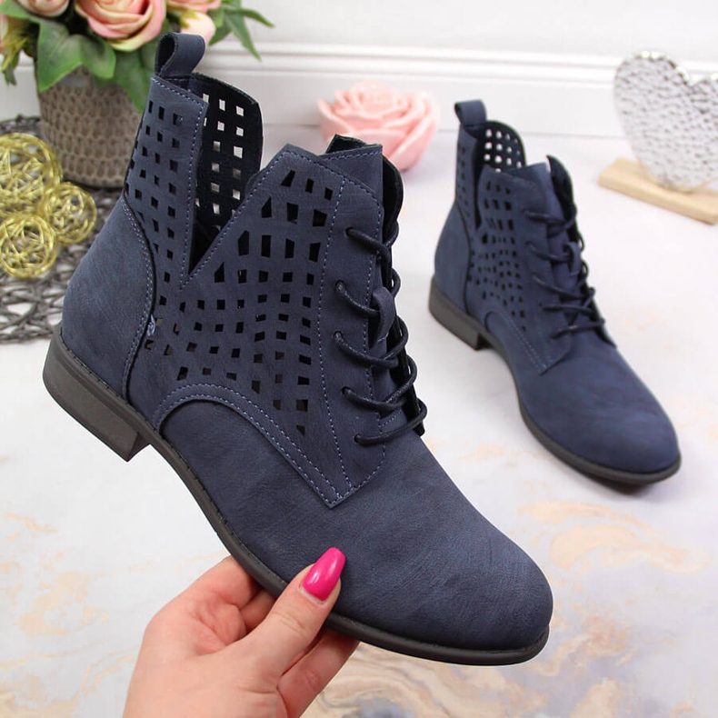 Women's spring openwork navy blue Jezzi boots 1