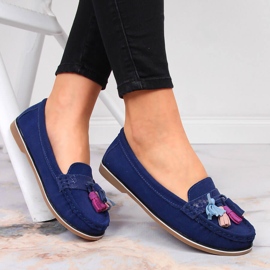 Women's leather loafers with fringes, navy blue Jezzi 2
