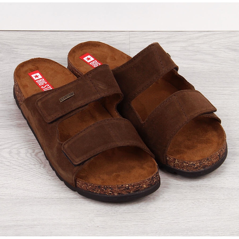 Men's leather slippers with Velcro brown Big Star JJ176002 1