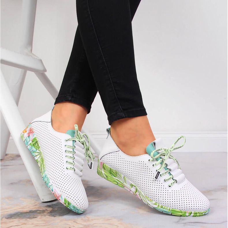 Women's white leather openwork shoes with a wedge Artiker 2