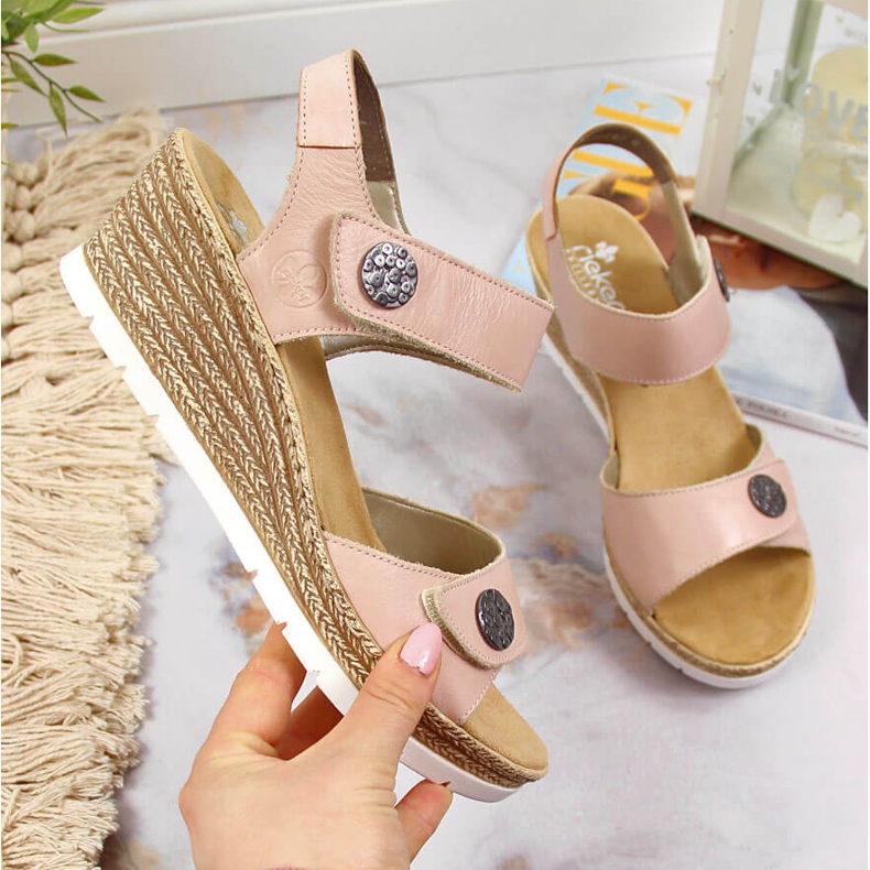 Leather sandals on a wedge heel Rieker 619B9-31 beige 1