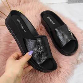 Women's black wedge slippers with a bow Vinceza 1