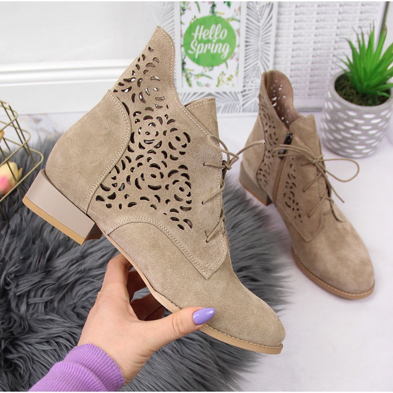 Beige suede openwork leather boots Juma 1